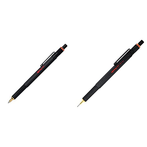 rOtring 800 Kugelschreiber | mittlere Spitze | Schwarze Tinte | Silberfarbener Schaft | nachfüllbar & 800 Druckbleistift mit Einzug | 0,7 mm | Schwarz von rOtring