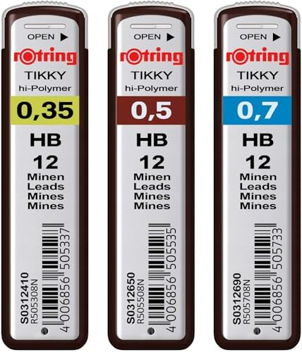 rOtring Hi-Polymer Minen Set mit 3 Packungen mit je 12 Minen | 0,35 mm, 0,50 mm | 0,70 mm | Härte: HB rOtring Hi-Polymer Minen Set mit 3 Packungen mit je 12 Minen | 0,35 mm, 0,50 mm | 0,70 mm | Härte: HB von rOtring