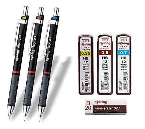 rOtring Tikky 3er Set mit Colourcode mit 4x Ersatzminen 0,35 HB | 2x 0,5 HB | 0,7 HB und Radierer B20 von rOtring