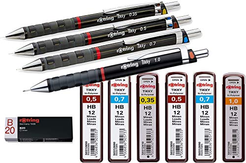 rOtring Tikky Druckbleistift (black Barrel, 4-teiliges Set) HB 0.7/0.5/0.35/1.0 + Ersatzminen und Radierer B20 von rOtring