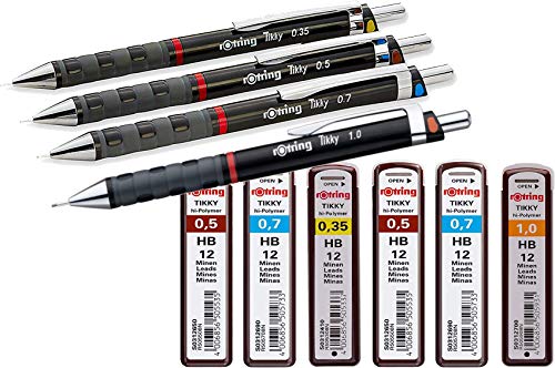 rOtring Tikky Druckbleistift (black Barrel, 4-teiliges Set HB 0.7/0.5/0.35/1.0) + 12 Minen 0.35 und 1.0 | 24 Minen 0.5 | 24 Minen 0.7 von rOtring