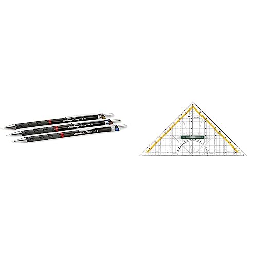 rOtring Tikky Druckbleistift Set | 0,35mm, 0.5mm und 0,7mm | Schwarz | 3-teiliges Set & Linex Geodreieck aus Kunststoff, mit Griff, 30 cm, bruchsicher und transparent von rOtring