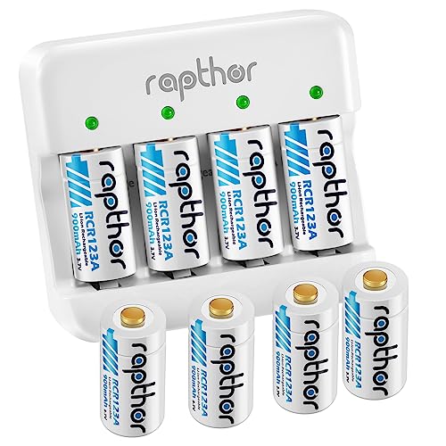 Rapthor Arlo Akku, 3,7 V 900 mAh Batterien für Arlo VMC3030 VMK3200 VMS3130 3230C 3430 3530 Kameras, August Pro WiFi, Taschenlampe (8×Batterien+1×Ladegerät) von rapthor