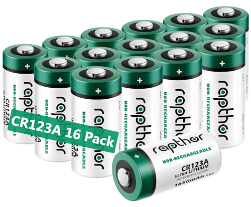 Rapthor CR123A 3V Lithium Batterie 1650 mAh 16er Pack CR17345 Akku, PTC-geschützt für Kameras, Taschenlampe, Alarm, intelligente Sensoren (Nicht wiederaufladbar, Nicht für Arlo) von rapthor