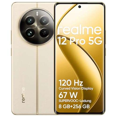realme 12 Pro 5G Smartphone 8+256GB, IMX882 OIS 2X optischer Zoom Kamera, Snapdragon 6s Gen 2, 6,7" 120Hz Curved Vision Display, massiver 5000mAh Akku, Navigator Beige (ohne Adapter) von realme