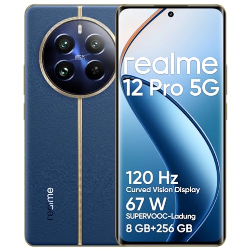 realme 12 pro 5G Smartphone, 8 + 256 GB, Snapdragon 6s Gen 1 Prozessor, 50 MP Portrait-Teleskopkamera, 120 Hz gebogenes Display, 6,7 Zoll Bildschirm, Blau (ohne Adapter) von realme