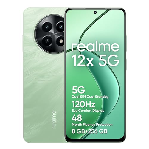 realme 12x 5G Smartphone 8+256 GB, 50MP AI Camera, 5G Dual SIM Dual Standby, TÜV SÜD 48-Month Fluency Protection, 120Hz Eye Comfort Display, 360° NFC, 5000mAh Battery, Feather Green von realme