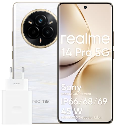 realme 14 pro 5G Smartphone, 12 + 512 GB, MediaTek Dimensity 7300 Chipsatz, 50 MP OIS-Kamera, gebogenes 3D-Display von 6,77 Zoll bis 120 Hz, Akku mit 6000 mAh, Platin (Mit Adapter) von realme