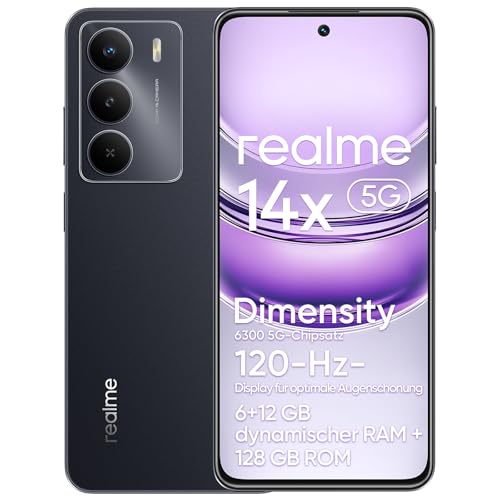 realme 14x 5G-Smartphone, (6+12) GB Dynamic RAM, 128 GB ROM, augenschonendes 120-Hz-Display, 50-MP-Kamera, 5000-mAh-Akku, Stoßfestigkeit in Militärqualität, Octa-Core, Schwarz (ohne Adapter) von realme