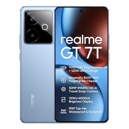 realme GT 7T 5G Smartphone, 12 GB + 512 GB, Dimensity 8400-MAX 5G Chipsatz, 7000 mAh Akku, 120 W Ladung, 50 MP IMX896 OIS Kamera, 120 Hz 6000nit Display, IP69, Blau rr von realme
