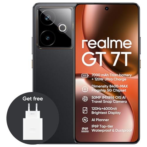 realme GT 7T 5G Smartphone,12+256GB,7000 mAh Battery,120W Charge,Dimensity 8400-MAX Chipset,IMX896 50MP Camera, AI Planner,6000nits Pro-Esports 120Hz Display,IP69,Black,Amazon Exclusive realme GT 7T 5G Smartphone,12+256GB,7000 mAh Battery,120W Charge,Dimensity 8400-MAX Chipset,IMX896 50MP Camera, AI Planner,6000nits Pro-Esports 120Hz Display,IP69,Black,Amazon Exclusive von realme