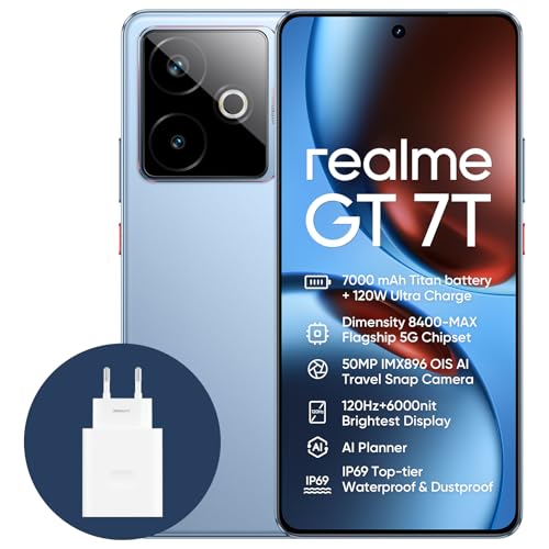 realme GT 7T 5G Smartphone,12+256GB,7000 mAh Battery,120W Charge,Dimensity 8400-MAX Chipset,IMX896 50MP Camera, AI Planner,6000nits Pro-Esports 120Hz Display,IP69,Blue,Amazon Exclusive realme GT 7T 5G Smartphone,12+256GB,7000 mAh Battery,120W Charge,Dimensity 8400-MAX Chipset,IMX896 50MP Camera, AI Planner,6000nits Pro-Esports 120Hz Display,IP69,Blue,Amazon Exclusive von realme