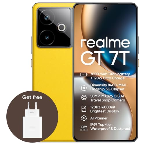 realme GT 7T 5G Smartphone,12+256GB,7000 mAh Battery,120W Charge,Dimensity 8400-MAX Chipset,IMX896 50MP Camera, AI Planner,6000nits Pro-Esports 120Hz Display,IP69,Yellow,Amazon Exclusive realme GT 7T 5G Smartphone,12+256GB,7000 mAh Battery,120W Charge,Dimensity 8400-MAX Chipset,IMX896 50MP Camera, AI Planner,6000nits Pro-Esports 120Hz Display,IP69,Yellow,Amazon Exclusive von realme
