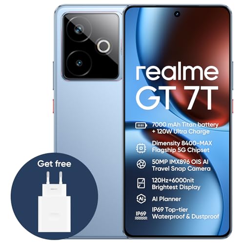 realme GT 7T 5G Smartphone,12+512GB,7000 mAh Battery,120W Charge,Dimensity 8400-MAX Chipset,IMX896 50MP Camera, AI Planner,6000nits Pro-Esports 120Hz Display,IP69,Blue,Amazon Exclusive realme GT 7T 5G Smartphone,12+512GB,7000 mAh Battery,120W Charge,Dimensity 8400-MAX Chipset,IMX896 50MP Camera, AI Planner,6000nits Pro-Esports 120Hz Display,IP69,Blue,Amazon Exclusive von realme