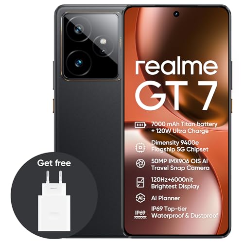 realme GT7 5G Smartphone,12+256GB,7000 mAh Battery,120W Charge,Dimensity 9400e Chipset,IMX906 50MP Camera, AI Planner,6000nits Pro-Esports 120Hz Display,IP69,Black,Amazon Exclusive realme GT7 5G Smartphone,12+256GB,7000 mAh Battery,120W Charge,Dimensity 9400e Chipset,IMX906 50MP Camera, AI Planner,6000nits Pro-Esports 120Hz Display,IP69,Black,Amazon Exclusive von realme