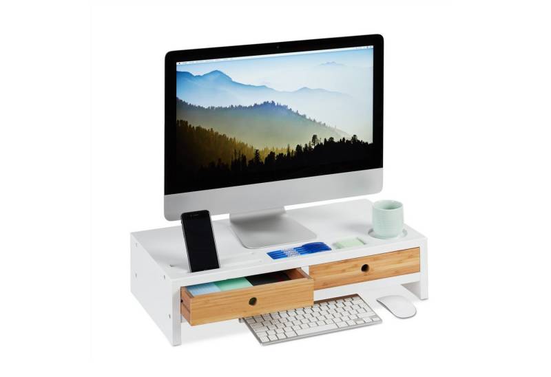 relaxdays Monitorständer Bambus 2 Schubladen weiß Monitor-Halterung von relaxdays