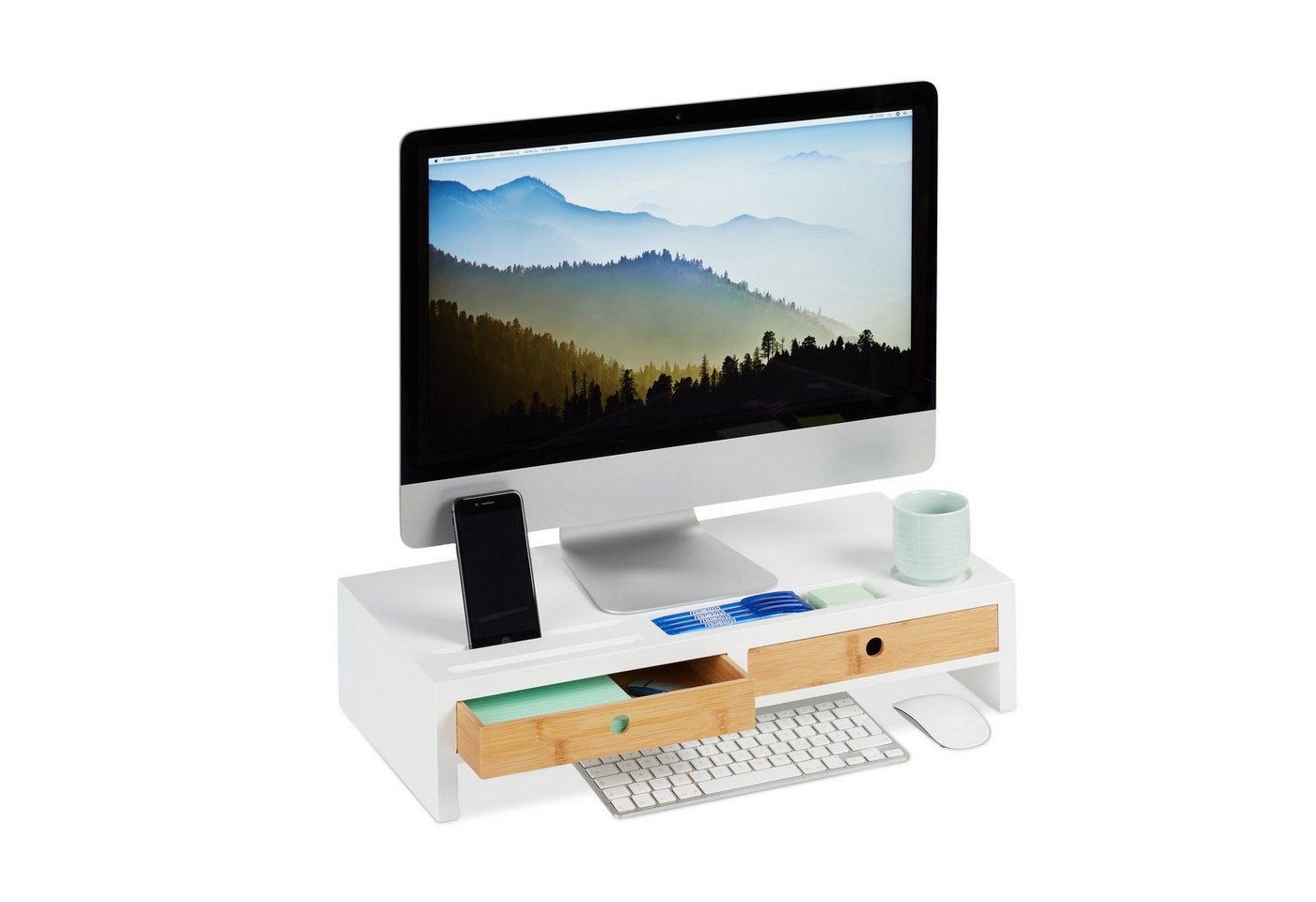 relaxdays Monitorständer Weiß mit Schubladen Monitor-Halterung von relaxdays