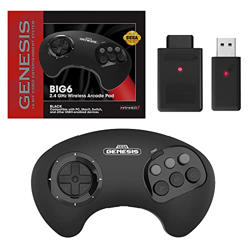 Retro-Bit BIG6 2,4 GHz Sega Genesis Wireless Arcade Controller Pad für Sega Genesis Original/Mini, Switch, PC, Mac - Schwarz von retro-bit