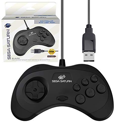 Retro-Bit Offizielles Sega Saturn USB-Controller-Pad (Modell 2) für Sega Genesis Mini, PS3, PC, Mac, Steam, Switch, USB-Anschluss, Schwarz von retro-bit