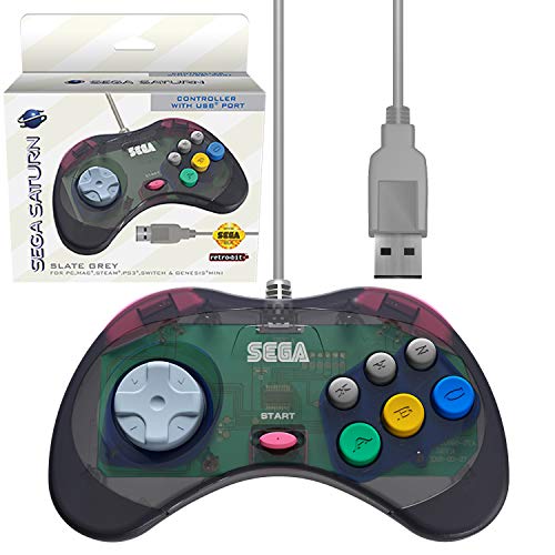 retro-bit USB-Controller für Sega Genesis Mini, PS3, PC, Mac, Steam, Nintendo Switch (Modell 2) Schiefergrau von retro-bit
