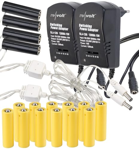 revolt Batterie Dummy: 2er-Set Batterie-Netzteil-Adapter, ersetzt 16 AA-Batterien (4 Geräte) (Batterie-Dummies AA, AA Batterie Dummy, Weihnachtsbeleuchtung) von revolt
