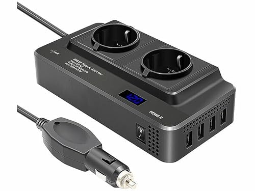 revolt Kfz Spannungswandler: 200W-Kfz-Wechselrichter Steckerleiste, 2X 230V, 4X USB, 400W Spitze (Auto Stromstecker, Inverter-Steckdosenleiste, Apple iPhone Ladekabel) von revolt