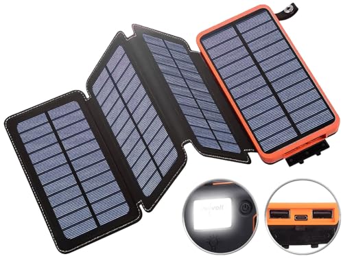 revolt Powerbank Solar-Panel: Solar-Powerbank mit faltbarem 8-W-Solarpanel, LED-Lampe, 16 Ah, 2,1 A (Solar Powerbank mit Taschenlampe, Power-Bank Solar-Cell, MP3) von revolt