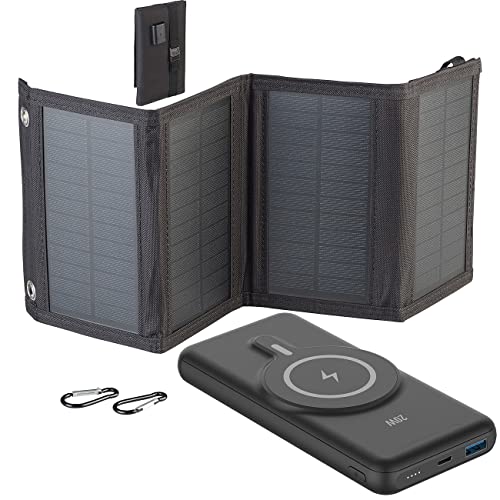 revolt Solarpanel USB Powerbank: Magnetische Powerbank + Falt-Solarpanel, 10.000 mAh, für Qi & MagSafe (Solar-Powerbank Qi, Solar-Ladegerät Powerbank, Magnet Ladekabel) von revolt
