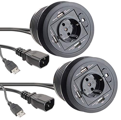 revolt Tisch-Einbausteckdosen: 2er-Set aktive 3-Fach-USB-2.0-Hubs für Tisch-Einbau (Schreibtisch-Einbausteckdosen, Arbeitstisch-Steckdosen) von revolt
