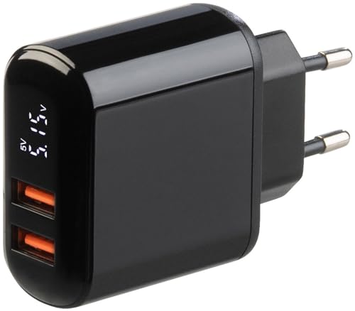 revolt USB Netzteil flach: 2-Port-USB-Netzteil mit 2X USB-A, Quick Charge & Display, 18W, schwarz (Netzteil Tablet, Ladegerät für USB-Geräte, Stecker) von revolt