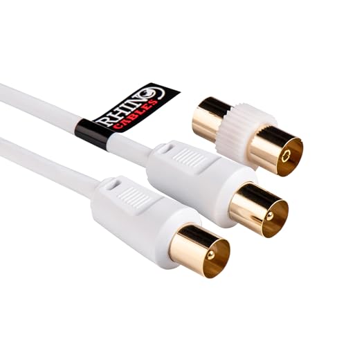 rhinocables Antennenkabel SAT Koaxial Kabel mit Koax Kupplung und Goldkontakten geflasht Stecker für TV, Radio DVB (50m, Weiß) von rhinocables