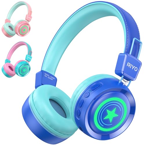 riyo Bluetooth Kopfhörer Kinder mit LED-Leuchten Kinderkopfhörer Kabellos Max Lautstärke 94dB Bluetooth 5.0 Kinder Kopfhörer Faltbare Stereo Sound für Schule/Tablet/PC(Blau) von riyo
