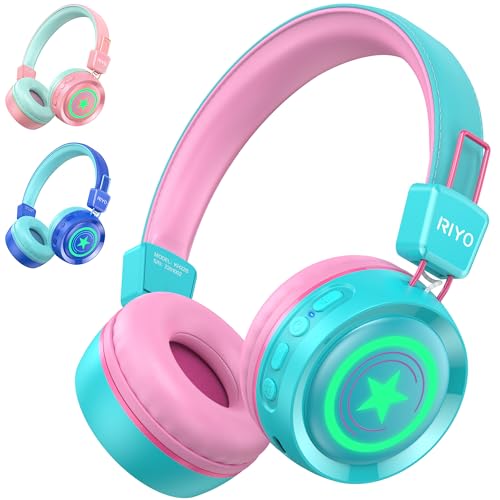 riyo Bluetooth Kopfhörer Kinder mit LED-Leuchten Kinderkopfhörer Kabellos Max Lautstärke 94dB Bluetooth 5.0 Kinder Kopfhörer Faltbare Stereo Sound für Schule/Tablet/PC(Grün) von riyo