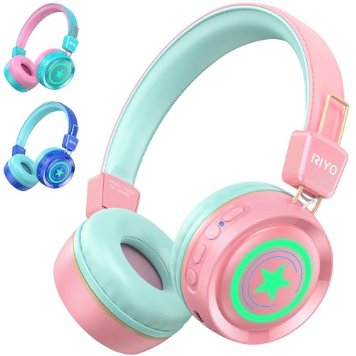 riyo Bluetooth Kopfhörer Kinder, Kinderkopfhörer Kabellos mit LED-Leuchten Bluetooth 5.0 Kinder Kopfhörer Faltbare Stereo Sound für Schule/Tablet/PC von riyo