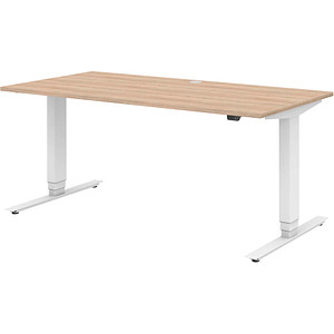 röhr direct.office elektrisch höhenverstellbarer Schreibtisch sonoma-eiche rechteckig, T-Fuß-Gestell weiß 160,0 x 70,0 cm von röhr