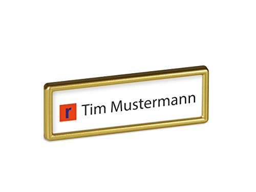 10 x Klassische (Magnet-) Namensschilder (Marke: roscheba®), 75 x 25 mm, Made in Germany, aus Kunststoff, schmal, mit Supermagnet (gold) - Staffelpreise - Namensschilder inkl. Papiereinlagen von roscheba