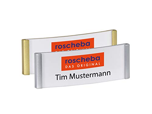 10 x Schmale (Magnet-) Namensschilder (Marke: roscheba®), 75 x 26 mm, Made in Germany, aus Kunststoff, gewölbt, mit Supermagnet (silber) - Staffelpreise - Namensschilder inkl. Papiereinlagen von roscheba