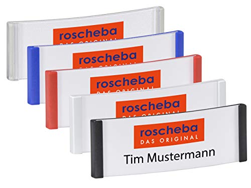 10 x Schmale (Magnet-) Namensschilder (Marke: roscheba®), 75 x 26 mm, Made in Germany, aus Kunststoff, gewölbt, mit Supermagnet (transparent) - Staffelpreise - Namensschilder inkl. Papiereinlagen von roscheba