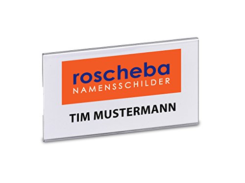 50 x Klassische Namensschilder aus Hartfolie (Marke: roscheba®), 75 x 42 mm, (Befestigung: Magnet), Made in Germany, Staffelpreise - Namensschilder inkl. Papiereinlagen von roscheba