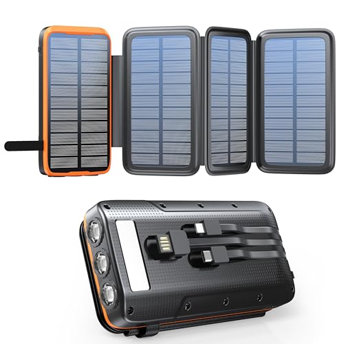 Solar Powerbank 27000mAh,Solar Ladegerät mit 3 Kabel QC4.0 22.5W USB C 20W Schnellladefunktion, mit 4 Solarpanels und 3 LED Taschenlampe für Smartphones Tablets Camping von rsesun