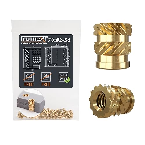 ruthex #2-56 Gewindeeinsatz Zoll (UNC) – 70 Stück RX-2-56x4 Gewindebuchsen aus Messing – stabile Einpressmutter – durch Wärme in 3D-Druck-Teile aus Kunststoff einsetzbar von ruthex