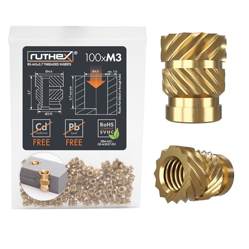 ruthex M3 Gewindeeinsatz – 100 Stück RX-M3x5.7 BLEIFREIE Gewindebuchsen aus Messing – stabile Einpressmutter für Kunststoffteile – durch Wärme in 3D-Druck-Teile aus Kunststoff einschmelzen ruthex M3 Gewindeeinsatz – 100 Stück RX-M3x5.7 BLEIFREIE Gewindebuchsen aus Messing – stabile Einpressmutter für Kunststoffteile – durch Wärme in 3D-Druck-Teile aus Kunststoff einschmelzen von ruthex