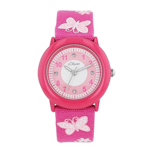 s.Oliver Armbanduhr Mädchen Kinder Quarzuhr Analog, mit Textil Armband, Pink, 3 bar Wasserdicht, Kommt in Uhren Geschenk Box, 2036748 von s.Oliver