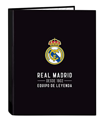 Safta Real Madrid Corporativa Ordner mit 4 Ringen, ideal für Kinder jeden Alters, bequem und vielseitig, Qualität und Strapazierfähigkeit, 26,5 x 33 cm, Schwarz von safta