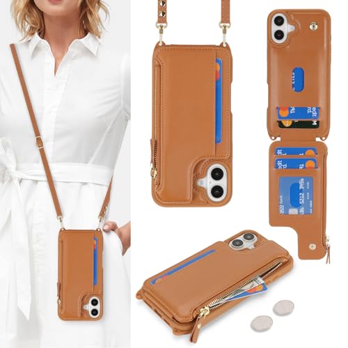 saihamny Handyhülle für iPhone 16 Etui mit Kartenfach, Hülle für iPhone 16 Handyhülle mit Verstellbarer Halskette Handytasche mit Reißverschluss Geldbörse - Braun saihamny Handyhülle für iPhone 16 Etui mit Kartenfach, Hülle für iPhone 16 Handyhülle mit Verstellbarer Halskette Handytasche mit Reißverschluss Geldbörse - Braun von saihamny
