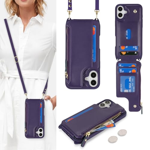 saihamny Handyhülle für iPhone 16 Etui mit Kartenfach, Hülle für iPhone 16 Handyhülle mit Verstellbarer Halskette Handytasche mit Reißverschluss Geldbörse - Violett saihamny Handyhülle für iPhone 16 Etui mit Kartenfach, Hülle für iPhone 16 Handyhülle mit Verstellbarer Halskette Handytasche mit Reißverschluss Geldbörse - Violett von saihamny