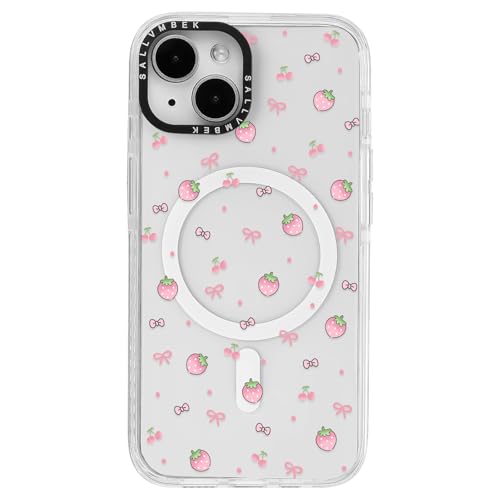 sallvmbek Schutzhülle für iPhone 13 / iPhone 14, 15,5 cm (6,1 Zoll), kompatibel mit MagSafe, niedliches Erdbeerschleifenmuster, magnetisch, stoßfest, TPU-Stoßfängerhülle für iPhone, Damen, Mädchen von sallvmbek