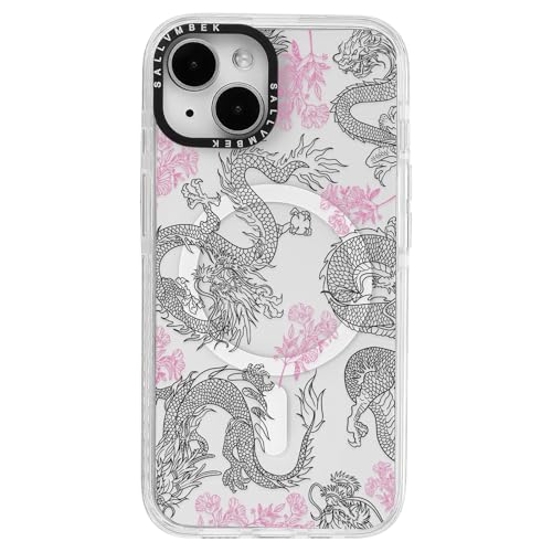 sallvmbek Schutzhülle für iPhone 14 / iPhone 13, 15,5 cm (6,1 Zoll), kompatibel mit MagSafe, niedlichem Drachen- und Blumendruckmuster, magnetische, stoßfeste TPU-Schutzhülle für iPhone 14/13, Frauen von sallvmbek