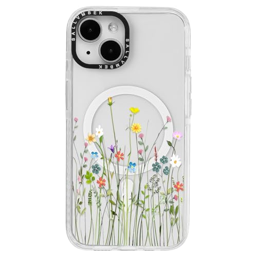 sallvmbek Schutzhülle für iPhone 15, 15,5 cm (6,1 Zoll), kompatibel mit MagSafe, niedliches Blumenmuster, magnetisch, stoßfest, transparent, TPU-Stoßdämpfer, Handyhüllen für iPhone 15, Frauen und von sallvmbek
