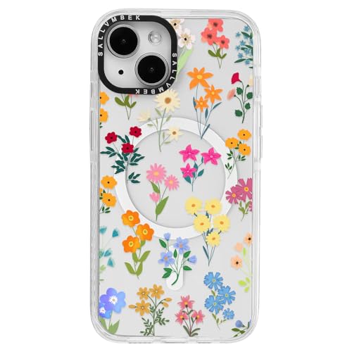sallvmbek Schutzhülle für iPhone 15, 15,5 cm (6,1 Zoll), kompatibel mit MagSafe, niedliches Blumenmuster, magnetisch, stoßfest, transparent, TPU-Stoßfänger, Handyhüllen für iPhone 15, Damen, Mädchen von sallvmbek
